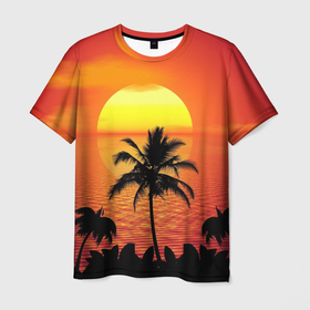 Мужская футболка 3D с принтом Пальмы на фоне моря в Новосибирске, 100% полиэфир | прямой крой, круглый вырез горловины, длина до линии бедер | summer | восход | гаваи | гавайская | закат | лето | море | океан | отдых | отпуск | пальма | пальмы | солнце | туризм | туристическая
