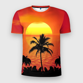 Мужская футболка 3D Slim с принтом Пальмы на фоне моря в Курске, 100% полиэстер с улучшенными характеристиками | приталенный силуэт, круглая горловина, широкие плечи, сужается к линии бедра | Тематика изображения на принте: summer | восход | гаваи | гавайская | закат | лето | море | океан | отдых | отпуск | пальма | пальмы | солнце | туризм | туристическая