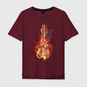 Мужская футболка хлопок Oversize с принтом Огненная гитара в Петрозаводске, 100% хлопок | свободный крой, круглый ворот, “спинка” длиннее передней части | гитара | дым | огонь | пламя | струны