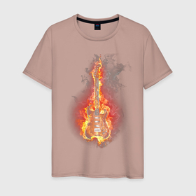 Мужская футболка хлопок с принтом Огненная гитара в Санкт-Петербурге, 100% хлопок | прямой крой, круглый вырез горловины, длина до линии бедер, слегка спущенное плечо. | гитара | дым | огонь | пламя | струны