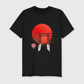 Мужская футболка хлопок Slim с принтом Япония в Петрозаводске, 92% хлопок, 8% лайкра | приталенный силуэт, круглый вырез ворота, длина до линии бедра, короткий рукав | japan | sun | арка | закат | солнце | статуя | цветок | япония