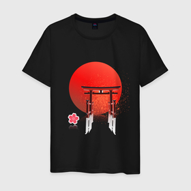 Мужская футболка хлопок с принтом Япония в Екатеринбурге, 100% хлопок | прямой крой, круглый вырез горловины, длина до линии бедер, слегка спущенное плечо. | japan | sun | арка | закат | солнце | статуя | цветок | япония