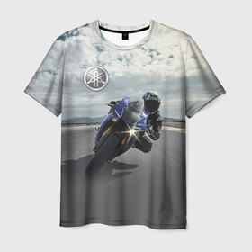 Мужская футболка 3D с принтом Yamaha в Петрозаводске, 100% полиэфир | прямой крой, круглый вырез горловины, длина до линии бедер | clouds | helmet | motorcycle | racer | road | route | sky | speed | yamaha | гонщик | дорога | мотоцикл | небо | облака | скорость | трасса | шлем