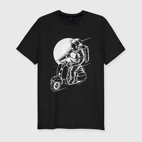 Мужская футболка хлопок Slim с принтом Космонавт хипстер , 92% хлопок, 8% лайкра | приталенный силуэт, круглый вырез ворота, длина до линии бедра, короткий рукав | cosmonaut | cosmos | moon | scooter | space | spacesuit | stars | звезды | космонавт | космос | луна | мотороллер | скафандр
