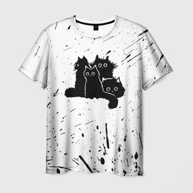 Мужская футболка 3D с принтом Черные котейки в Петрозаводске, 100% полиэфир | прямой крой, круглый вырез горловины, длина до линии бедер | baby | cat | cute | kitty | аниме | анимешные | брызги красок | глаза | детям | животные | зверек | кавайный | киска | кот | котята | кошак | кошечка | кошка | малыши | милые | мордочка | няшные | прикольные
