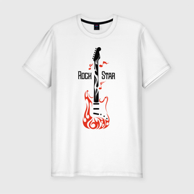 Мужская футболка хлопок Slim с принтом Rock star в Курске, 92% хлопок, 8% лайкра | приталенный силуэт, круглый вырез ворота, длина до линии бедра, короткий рукав | fender | gibson | guitar | heavy | metall | rock | star | гитара | гитарист | металл | музыка | ноты | рок | электрогитара