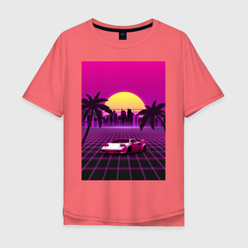 Мужская футболка хлопок Oversize с принтом Ретро Закат в Тюмени, 100% хлопок | свободный крой, круглый ворот, “спинка” длиннее передней части | закат | неон | пальмы | ретровейв | спорткар