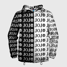 Мужская ветровка 3D с принтом Логотип джо джо паттерн черно белый в Екатеринбурге, 100% полиэстер | подол и капюшон оформлены резинкой с фиксаторами, два кармана без застежек по бокам, один потайной карман на груди | anime | jojo | jojo’s bizarre adventure | аниме | анимэ | биззаре адвенчер | джо | джо джо | джоджо | джонатан джостар | дзёсукэ хигасиката | дзётаро кудзё | жожо | игги | кира | лого | манга | невероятные приключения