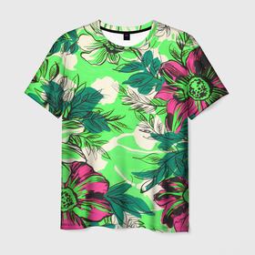 Мужская футболка 3D с принтом Цветы в неоне в Петрозаводске, 100% полиэфир | прямой крой, круглый вырез горловины, длина до линии бедер | неон | тропики | цветочный принт | цветы