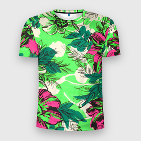 Мужская футболка 3D спортивная с принтом Цветы в неоне в Белгороде, 100% полиэстер с улучшенными характеристиками | приталенный силуэт, круглая горловина, широкие плечи, сужается к линии бедра | неон | тропики | цветочный принт | цветы