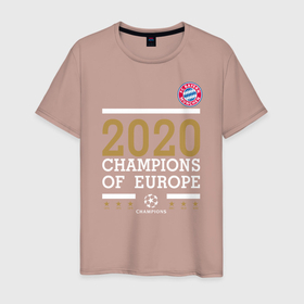 Мужская футболка хлопок с принтом FC Bayern Munchen | Champions of Europe 2020 в Тюмени, 100% хлопок | прямой крой, круглый вырез горловины, длина до линии бедер, слегка спущенное плечо. | Тематика изображения на принте: 0x000000123 | bayern munchen | fcb | бавария | мюнхен