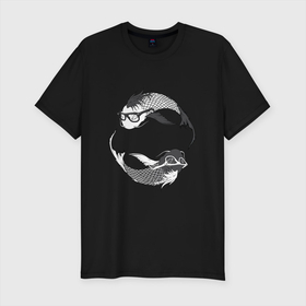 Мужская футболка хлопок Slim с принтом Карпы кои в очках в Новосибирске, 92% хлопок, 8% лайкра | приталенный силуэт, круглый вырез ворота, длина до линии бедра, короткий рукав | азия | карп кои | карпы кои | карпы кои в очках | крутая рыба | рыба | рыба в очках