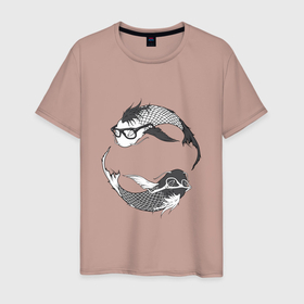 Мужская футболка хлопок с принтом Карпы кои в очках , 100% хлопок | прямой крой, круглый вырез горловины, длина до линии бедер, слегка спущенное плечо. | азия | карп кои | карпы кои | карпы кои в очках | крутая рыба | рыба | рыба в очках