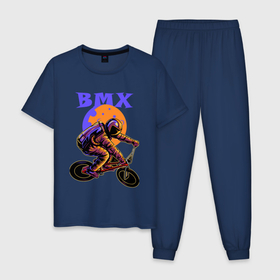 Мужская пижама хлопок с принтом BMX в космосе , 100% хлопок | брюки и футболка прямого кроя, без карманов, на брюках мягкая резинка на поясе и по низу штанин
 | Тематика изображения на принте: bicycle | cosmonaut | cosmos | drive | extreme | moon | space | spacesuit | велосипед | космонавт | космос | луна | скафандр | экстрим