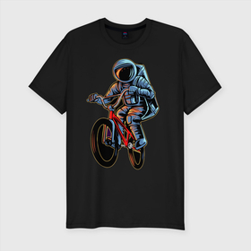 Мужская футболка хлопок Slim с принтом Bicycle в Новосибирске, 92% хлопок, 8% лайкра | приталенный силуэт, круглый вырез ворота, длина до линии бедра, короткий рукав | bicycle | cosmonaut | cosmos | drive | extreme | space | spacesuit | велосипед | космонавт | космос | скафандр | экстрим