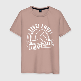 Мужская футболка хлопок с принтом LIVE LOVE VOLLEYBALL в Тюмени, 100% хлопок | прямой крой, круглый вырез горловины, длина до линии бедер, слегка спущенное плечо. | Тематика изображения на принте: beach | live | love | voleybal | volleyball | волебол | волейбол | волейболист | волейболистка | воллейбол | пляжный | я люблю