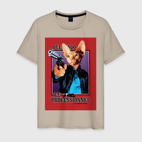 Мужская футболка хлопок с принтом Кот сфинкс «Le Professionnel» в Санкт-Петербурге, 100% хлопок | прямой крой, круглый вырез горловины, длина до линии бедер, слегка спущенное плечо. | коты кошки кино пародия револьвер оружие