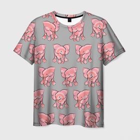 Мужская футболка 3D с принтом РОЗОВЫЕ СЛОНИКИ ПАТТЕРН в Кировске, 100% полиэфир | прямой крой, круглый вырез горловины, длина до линии бедер | бесшовный паттерн | животные. слоны | милота | нежнятина | серый | слоники. розовый