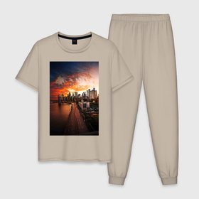 Мужская пижама хлопок с принтом Город на берегу в Новосибирске, 100% хлопок | брюки и футболка прямого кроя, без карманов, на брюках мягкая резинка на поясе и по низу штанин
 | Тематика изображения на принте: город | закат | мегаполис | море