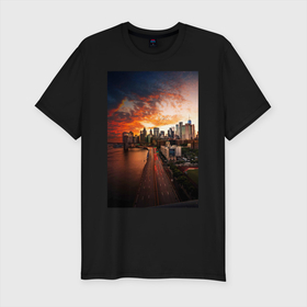 Мужская футболка хлопок Slim с принтом Город на берегу в Санкт-Петербурге, 92% хлопок, 8% лайкра | приталенный силуэт, круглый вырез ворота, длина до линии бедра, короткий рукав | город | закат | мегаполис | море