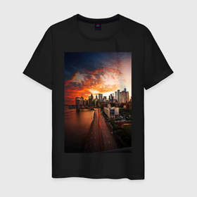 Мужская футболка хлопок с принтом Город на берегу в Санкт-Петербурге, 100% хлопок | прямой крой, круглый вырез горловины, длина до линии бедер, слегка спущенное плечо. | город | закат | мегаполис | море