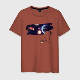 Мужская футболка хлопок с принтом Котик рисует космос в Тюмени, 100% хлопок | прямой крой, круглый вырез горловины, длина до линии бедер, слегка спущенное плечо. | cat | cosmos | space | stars | universe | звезды | кисть | космос | кот | котейка | котик | котэ | кошка | краска | метеорит | планеты