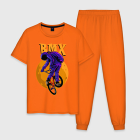 Мужская пижама хлопок с принтом BMX , 100% хлопок | брюки и футболка прямого кроя, без карманов, на брюках мягкая резинка на поясе и по низу штанин
 | bicycle | bmx | cosmonaut | cosmos | moon | spacesuit | велосипед | космонавт | космос | луна | скафандр
