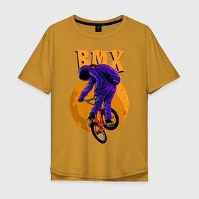 Мужская футболка хлопок Oversize с принтом BMX в Курске, 100% хлопок | свободный крой, круглый ворот, “спинка” длиннее передней части | bicycle | bmx | cosmonaut | cosmos | moon | spacesuit | велосипед | космонавт | космос | луна | скафандр