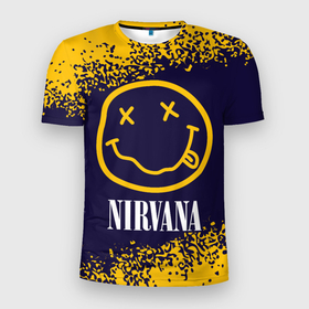 Мужская футболка 3D Slim с принтом NIRVANA   НИРВАНА в Санкт-Петербурге, 100% полиэстер с улучшенными характеристиками | приталенный силуэт, круглая горловина, широкие плечи, сужается к линии бедра | band | cobain | face | kurt | logo | music | nirvana | rock | rocknroll | группа | кобейн | курт | лого | логотип | музыка | музыкальная | нирвана | рожица | рок | рокнролл | символ