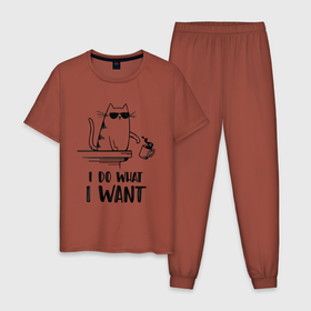 Мужская пижама хлопок с принтом I do what i want в Белгороде, 100% хлопок | брюки и футболка прямого кроя, без карманов, на брюках мягкая резинка на поясе и по низу штанин
 | иностранны | кот | прикольная | текст