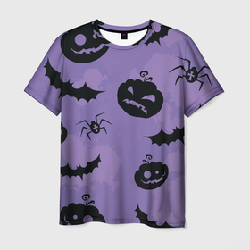Мужская футболка 3D с принтом Фиолетовый хэллоуин в Кировске, 100% полиэфир | прямой крой, круглый вырез горловины, длина до линии бедер | арт | вектор | вырезанные лица | летучая мышь | летучие мыши | паук | пауки | рисунок | тыква | тыквы | фиолетовый | черный