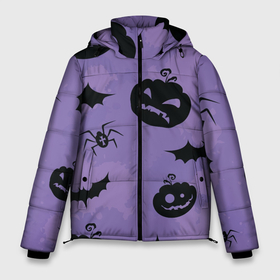 Мужская зимняя куртка 3D с принтом Фиолетовый хэллоуин в Белгороде, верх — 100% полиэстер; подкладка — 100% полиэстер; утеплитель — 100% полиэстер | длина ниже бедра, свободный силуэт Оверсайз. Есть воротник-стойка, отстегивающийся капюшон и ветрозащитная планка. 

Боковые карманы с листочкой на кнопках и внутренний карман на молнии. | арт | вектор | вырезанные лица | летучая мышь | летучие мыши | паук | пауки | рисунок | тыква | тыквы | фиолетовый | черный