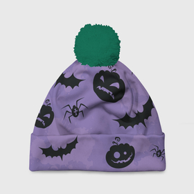 Шапка 3D c помпоном с принтом Фиолетовый хэллоуин в Тюмени, 100% полиэстер | универсальный размер, печать по всей поверхности изделия | арт | вектор | вырезанные лица | летучая мышь | летучие мыши | паук | пауки | рисунок | тыква | тыквы | фиолетовый | черный