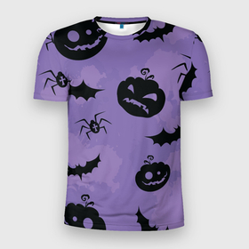 Мужская футболка 3D спортивная с принтом Фиолетовый хэллоуин в Екатеринбурге, 100% полиэстер с улучшенными характеристиками | приталенный силуэт, круглая горловина, широкие плечи, сужается к линии бедра | арт | вектор | вырезанные лица | летучая мышь | летучие мыши | паук | пауки | рисунок | тыква | тыквы | фиолетовый | черный