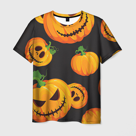 Мужская футболка 3D с принтом Весёлые тыквы в Белгороде, 100% полиэфир | прямой крой, круглый вырез горловины, длина до линии бедер | арт | вырезанные лица | морды | оранжевый | рисунок | страшилки | страшно | тыквы | ужас | чёрный