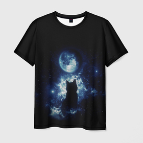 Мужская футболка 3D с принтом Кот в Курске, 100% полиэфир | прямой крой, круглый вырез горловины, длина до линии бедер | Тематика изображения на принте: космос | кот | котенок | котик | кошка | луна | небо | ночь