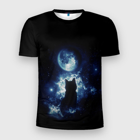 Мужская футболка 3D Slim с принтом Кот в Кировске, 100% полиэстер с улучшенными характеристиками | приталенный силуэт, круглая горловина, широкие плечи, сужается к линии бедра | космос | кот | котенок | котик | кошка | луна | небо | ночь
