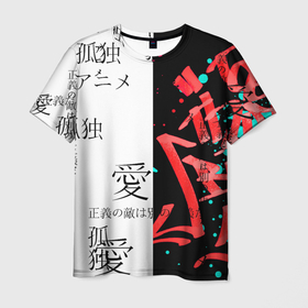 Мужская футболка 3D с принтом Японские надписи в Кировске, 100% полиэфир | прямой крой, круглый вырез горловины, длина до линии бедер | абстракция | аниме | две половинки | иероглифы | каллиграфия надписи на японском | неон | япония | японские иероглифы