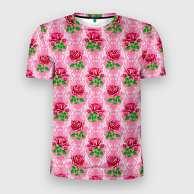 Мужская футболка 3D Slim с принтом Декор из нежных роз в Новосибирске, 100% полиэстер с улучшенными характеристиками | приталенный силуэт, круглая горловина, широкие плечи, сужается к линии бедра | Тематика изображения на принте: fashion | flower pattern | girl | pink | roses | винтаж | винтажные | девушкам | зелень | лепестки | лето | листья | марта | нежные | пастельные | паттерн | пионы | подарок | природа | растения | ретро | роза | розы | узор
