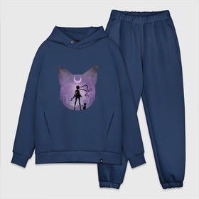 Мужской костюм хлопок OVERSIZE с принтом Лунный воен ,  |  | Тематика изображения на принте: арт | девушка | кот | кошка | луна | нео королева серенити | ночь | перевёрнутая луна | рисунок | сейлор мун | силуэт | усаги цукино | фиолетовый