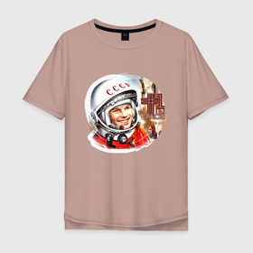 Мужская футболка хлопок Oversize с принтом Юрий Гагарин 1 в Санкт-Петербурге, 100% хлопок | свободный крой, круглый ворот, “спинка” длиннее передней части | звезды | земля | история | космос | орбита | ракета