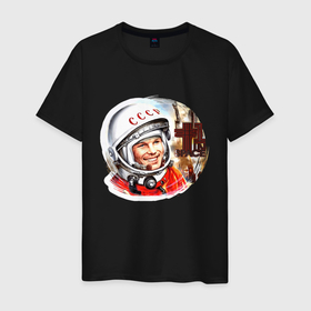 Мужская футболка хлопок с принтом Юрий Гагарин 1 в Санкт-Петербурге, 100% хлопок | прямой крой, круглый вырез горловины, длина до линии бедер, слегка спущенное плечо. | звезды | земля | история | космос | орбита | ракета