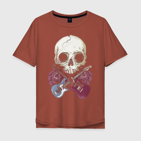Мужская футболка хлопок Oversize с принтом Череп с электрогитарой в Курске, 100% хлопок | свободный крой, круглый ворот, “спинка” длиннее передней части | bones | electric guitar | head | skull | голова | кости | череп | электрогитара