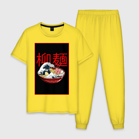Мужская пижама хлопок с принтом Рамэн в Кировске, 100% хлопок | брюки и футболка прямого кроя, без карманов, на брюках мягкая резинка на поясе и по низу штанин
 | food | еда | иероглифы | кухня | рамен | рамэн | япония | японские символы