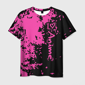 Мужская футболка 3D с принтом Love anime розовые кляксы на черном в Белгороде, 100% полиэфир | прямой крой, круглый вырез горловины, длина до линии бедер | anime | manga | romance | аниме | киберпанк | кодомо | комиксы | манга | метажанр | меха | стиль | стимпанк | фэнтези | школьная история | японские