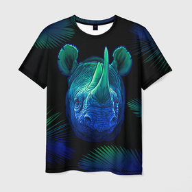 Мужская футболка 3D с принтом Носорог в Санкт-Петербурге, 100% полиэфир | прямой крой, круглый вырез горловины, длина до линии бедер | horn nose | rhinoceros | двурогий | неон | носорог | носорожка | рогатый