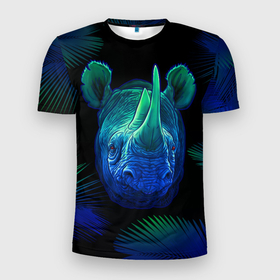 Мужская футболка 3D спортивная с принтом Носорог в Курске, 100% полиэстер с улучшенными характеристиками | приталенный силуэт, круглая горловина, широкие плечи, сужается к линии бедра | horn nose | rhinoceros | двурогий | неон | носорог | носорожка | рогатый