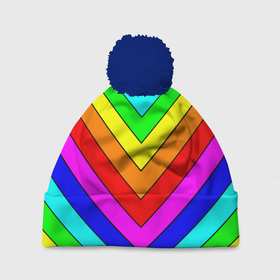 Шапка 3D c помпоном с принтом Rainbow Stripes в Курске, 100% полиэстер | универсальный размер, печать по всей поверхности изделия | geometry | gradient | neon | геометрические | градиент | детям | кислота | кислотный | конус | красочный | линии | неоновые | пирамида | полоска | полосы | радуга | радужный | разноцветные | сочный | треугольники