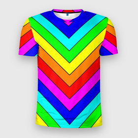 Мужская футболка 3D спортивная с принтом Rainbow Stripes в Петрозаводске, 100% полиэстер с улучшенными характеристиками | приталенный силуэт, круглая горловина, широкие плечи, сужается к линии бедра | geometry | gradient | neon | геометрические | градиент | детям | кислота | кислотный | конус | красочный | линии | неоновые | пирамида | полоска | полосы | радуга | радужный | разноцветные | сочный | треугольники