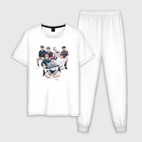Мужская пижама хлопок с принтом BTS , 100% хлопок | брюки и футболка прямого кроя, без карманов, на брюках мягкая резинка на поясе и по низу штанин
 | Тематика изображения на принте: bangtan boys | bangtan sonyeondan | beyond the scene | bt21 | bts | bulletproof boy scouts | chibi | j hope | jimin | jin | jungkook | k pop | kpop | rm | suga | v | ви | джей хоуп | джонгук | к поп | кпоп | сюга | чиби | чимин | чин